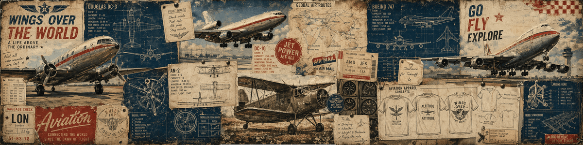 Graphic story art style aviation themed T-shirts and hoodies featuring aircraft and pilot inspired designs.