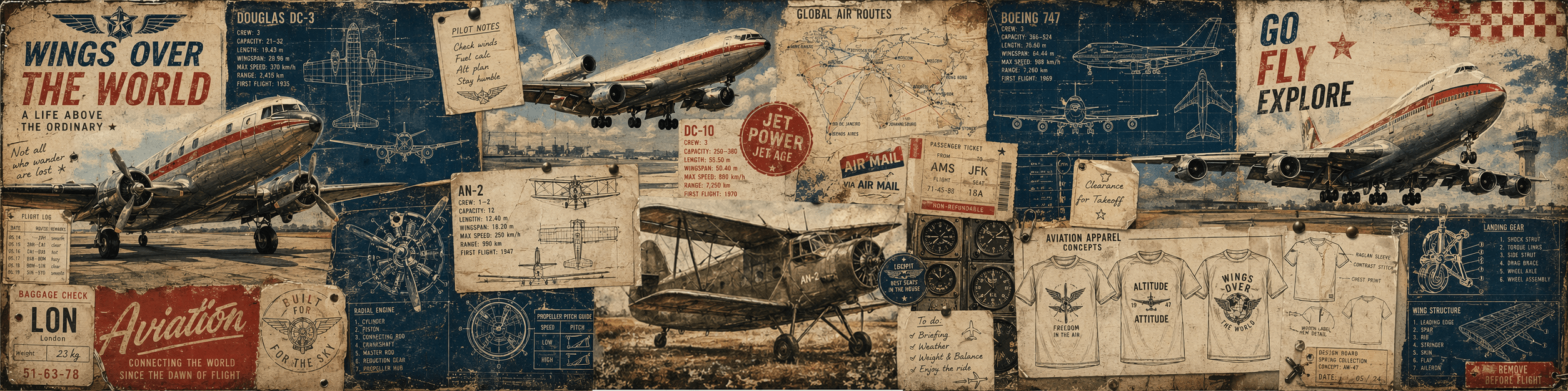 Graphic story art style aviation themed T-shirts and hoodies featuring aircraft and pilot inspired designs.