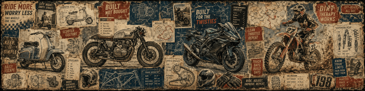 Graphic story art style motorbike and scooter themed T-shirts featuring riders and retro scooter culture.