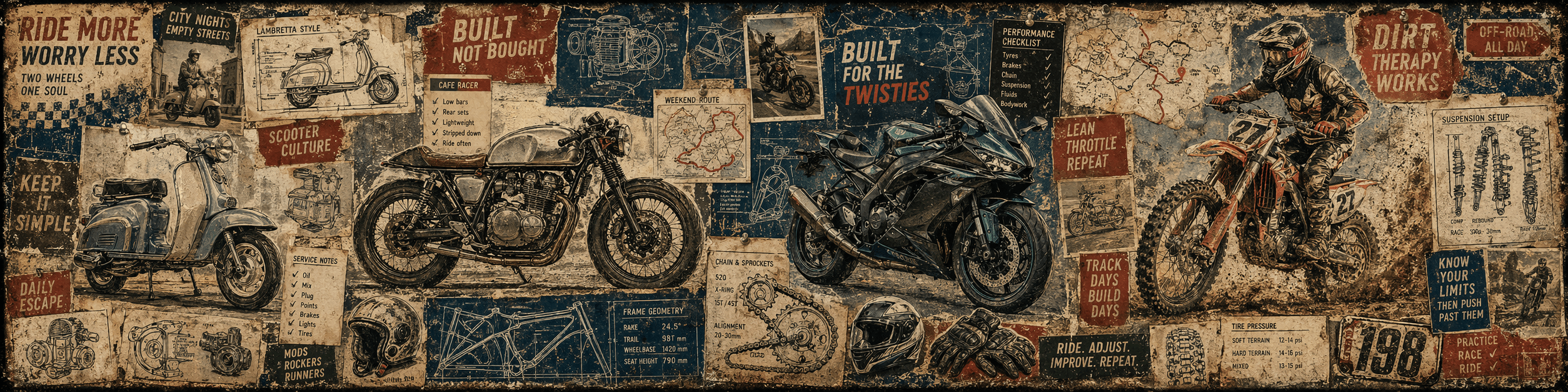 Graphic story art style motorbike and scooter themed T-shirts featuring riders and retro scooter culture.