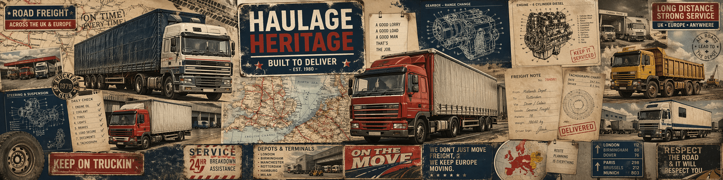 Graphic story art style truck themed T-shirts and hoodies featuring classic and modern haulers.