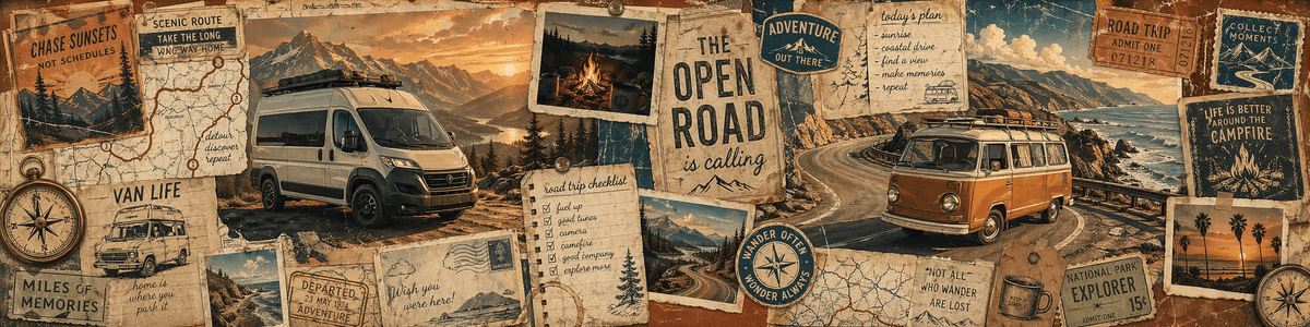 Graphic story art style van and camper themed apparel celebrating travel, freedom, and road adventures.
