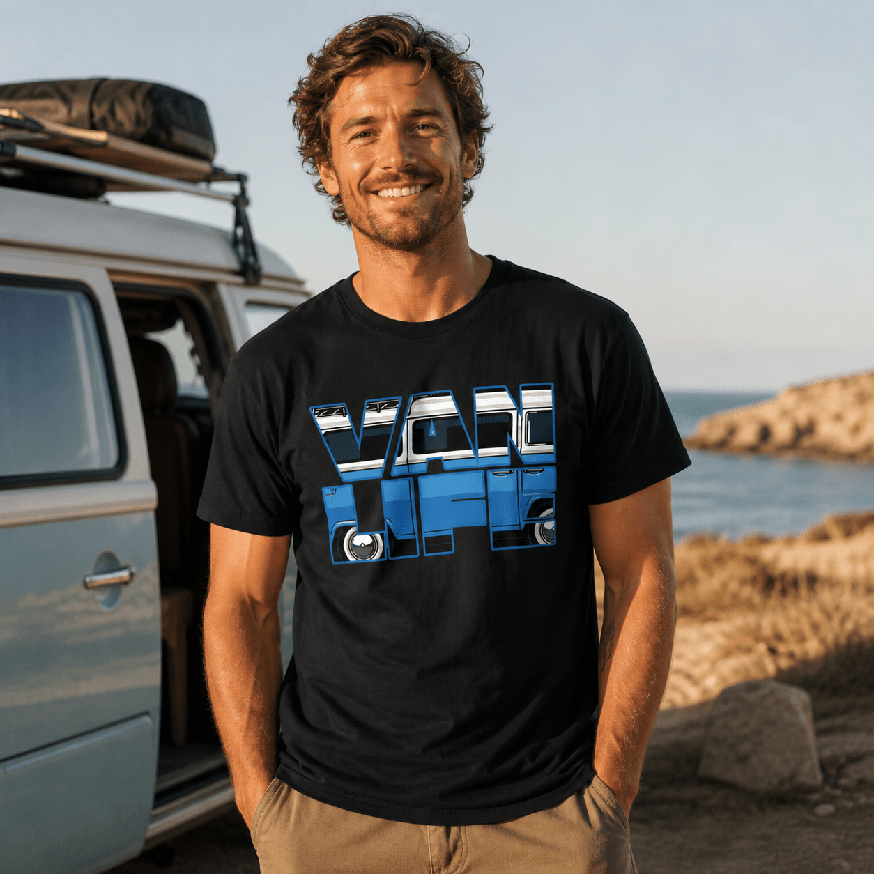 Van Life Blue Classic Camper Graphic T-Shirt - alternate view by Afterburn UK