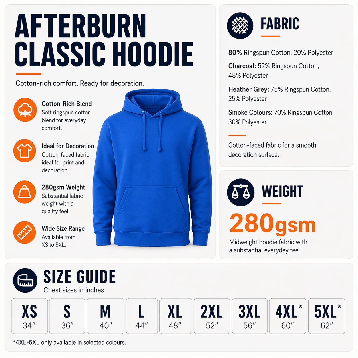 Afterburn graphic hoodie size guide - available in sizes S to 5XL UK